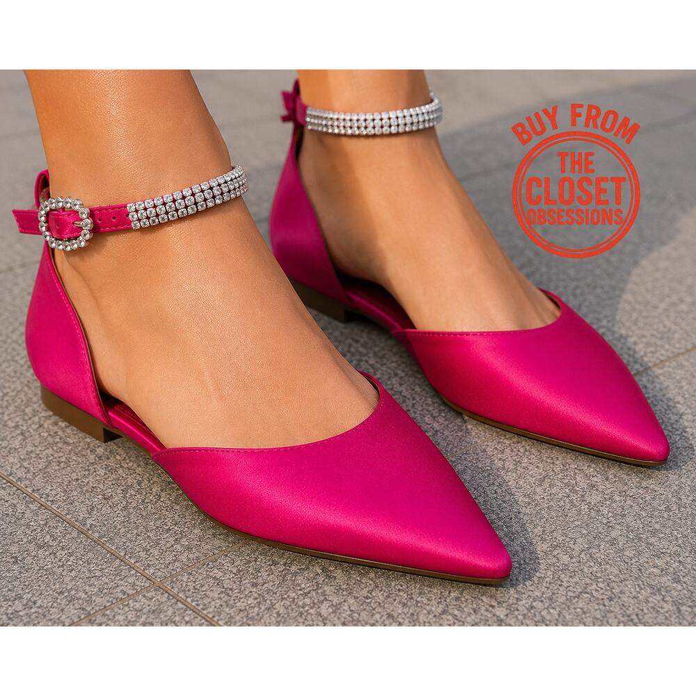 MANGO Fuchsia Satin Rhinestone Pointed Toe Flats NWT Barbiecore Shoes - Picture 2 of 16